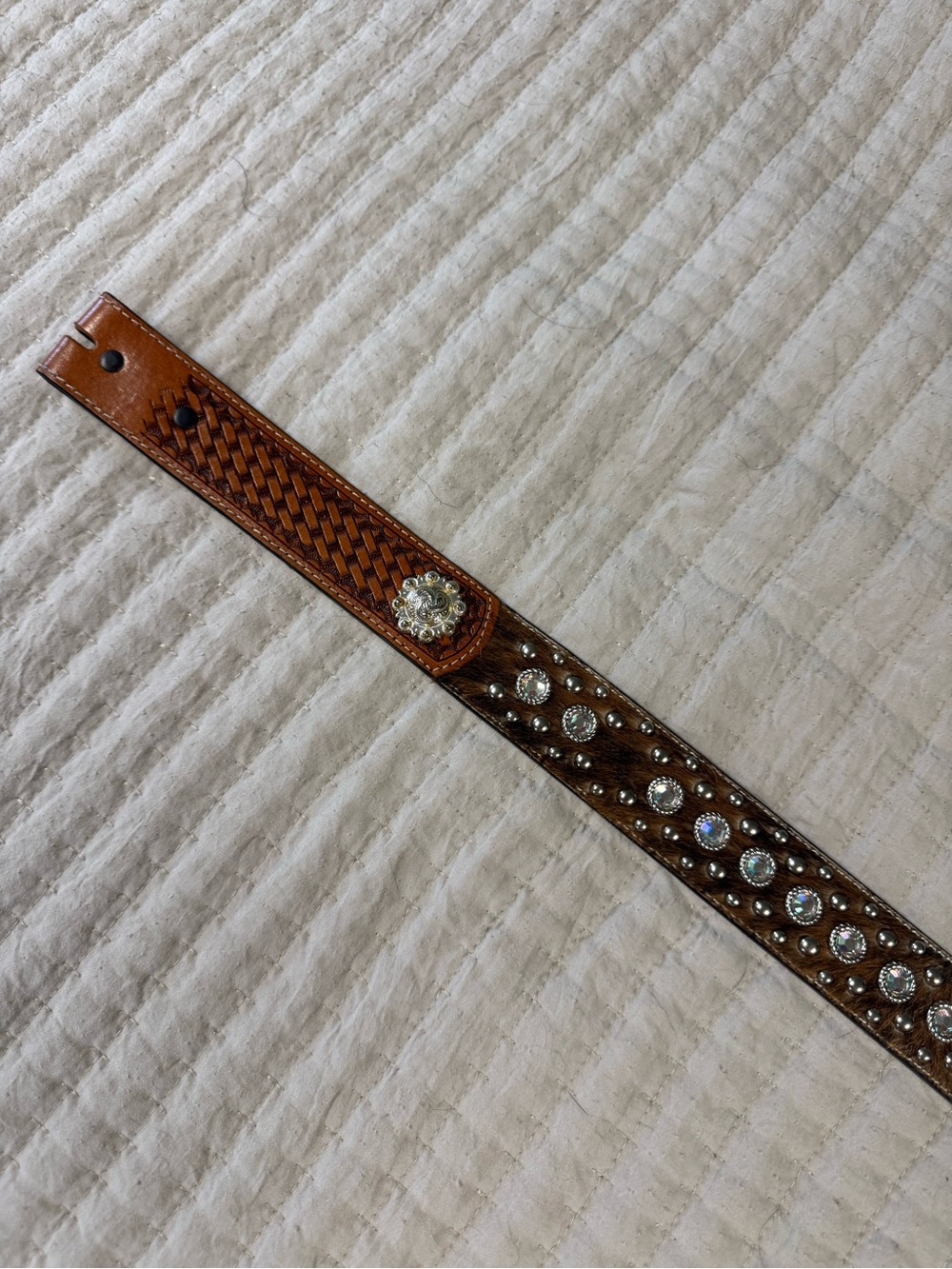 Brown Leather Western-Inspired cowhide Studded Belt with Crystal Conchos